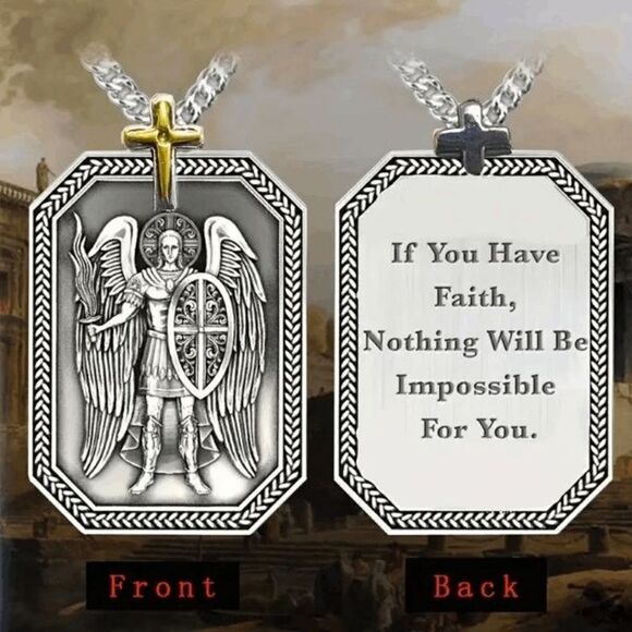 St. Michael Archangel Protector Cross Stainless Steel Pendant Necklace - Picture 2 of 5